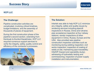 Success Story 
KCP LLC 
The Challenge: 
Pipeline construction activities are 
complicated, involving critical timelines, 
budget limitations, and the assembly of 
thousands of pieces of equipment. 
During the first construction phase of the 
pipeline’s second section, extending from 
Kenkiyak to Kumkol Kazakhstan, KCP LLC 
required numerous support services to 
verify the integrity, safety, quality control and 
efficiency of the contractor’s processes. 
The Solution: 
Intertek was able to help KCP LLC minimize 
any integrity, safety and quality issues by 
rendering services including pipemill 
inspections in Russia, China and Ukraine; 
pipe acceptance inspection at four railway 
stations; vendor inspections of other 
equipment in China, Russia, Europe and the 
USA. Also provided was pipeline 
construction inspection activities such as 
monitoring during welding inspection; civil 
works inspection; inspection of coating of 
welds at site; maintaining pipe traceability; 
HAZOP (hazard and operability study); 
witnessing of hydrostatic testing and 
commissioning; inspection of power supply 
installation and instrumentation. 
11 www.intertek.com 
 