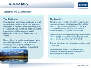 Success Story 
Global Oil and Gas Company 
The Challenge: 
Faced with an operational challenge, a small 
team of designated professionals, primarily 
comprised of Intertek Moody personnel, had 
been tasked with identifying opportunities for 
improvement within various areas of 
operations in the “North Slope” region of 
Alaska. 
Recognizing the need to create depth within 
the client organization, one of the team’s 
challenges was to build up the pool of 
qualified resources available to the client. 
The Solution: 
To improve the retention of quality personnel, the 
team commenced a training program for multiple 
users in the more in-depth features of the new 
operational reporting and historical tracking 
software, allowing for growth opportunities. 
Rotation of personnel between programs helped to 
reduce complacency, and weekly meetings were 
held to ensure questions were answered. 
Training workshops were developed for clients and 
contractors. 
Personnel were moved to an even rotation 
schedule and workloads were reallocated to 
allow for higher quality of work. 
13 www.intertek.com 
 