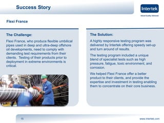 Success Story 
Flexi France 
The Challenge: 
Flexi France, who produce flexible umbilical 
pipes used in deep and ultra-deep offshore 
oil developments, need to comply with 
demanding test requirements from their 
clients. Testing of their products prior to 
deployment in extreme environments is 
critical. 
The Solution: 
A highly responsive testing program was 
delivered by Intertek offering speedy set-up 
and turn around of results. 
The testing program included a unique 
blend of specialist tests such as high 
pressure, fatigue, toxic environment, and 
corrosion. 
We helped Flexi France offer a better 
product to their clients, and provide the 
expertise and investment in testing enabling 
them to concentrate on their core business. 
15 www.intertek.com 
 