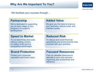 Why Are We Important To You? 
We facilitate your success through… 
Partnership 
We’re dedicated to supporting 
you at every stage of your 
program’s or project’s 
development 
Speed to Market 
To cut lead times and costs 
without cutting corners 
on safety while gaining 
competitive advantages 
Added Value 
We give you the tools to improve 
your business, reduce costs, and 
maintain quality 
Reduced Risk 
To reduce and avoid financial, 
operational and environmental risks 
involved with your activities 
Brand Protection 
Protect your corporate 
reputation and brand value 
Focused Resources 
Free up valuable resources to 
allocate to your core services 
improving your productivity and 
efficiency 
7 www.intertek.com 
 