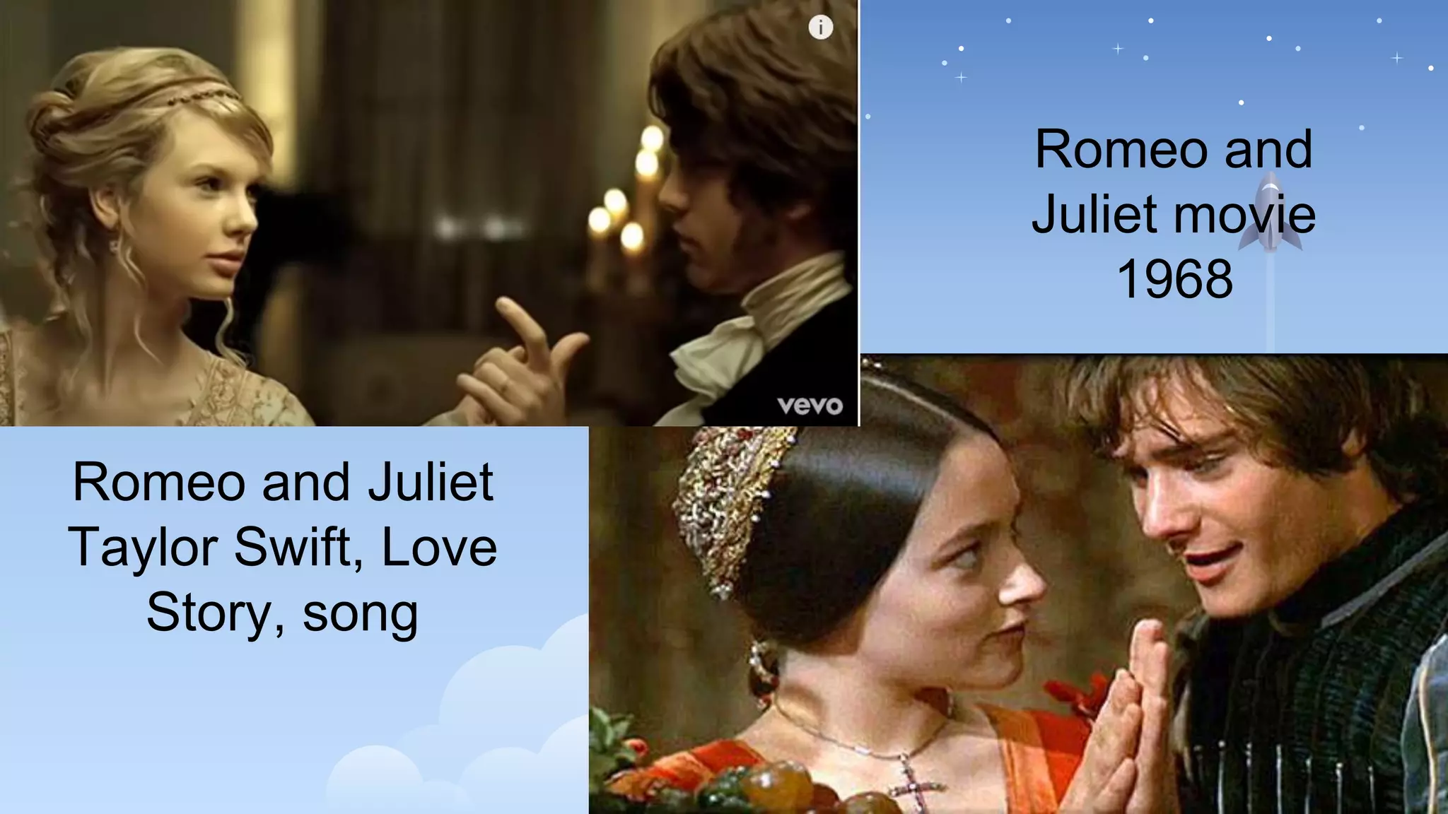Romeo and Juliet
Taylor Swift, Love
Story, song
Romeo and
Juliet movie
1968
 