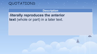 QUOTATIONS
Description
-literally reproduces the anterior
text (whole or part) in a later text.
 
