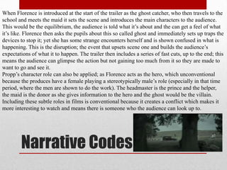 When Florence is introduced at the start of the trailer as the ghost catcher, who then travels to the
school and meets the maid it sets the scene and introduces the main characters to the audience.
This would be the equilibrium, the audience is told what it‟s about and the can get a feel of what
it‟s like. Florence then asks the pupils about this so called ghost and immediately sets up traps the
devices to stop it; yet she has some strange encounters herself and is shown confused in what is
happening. This is the disruption; the event that upsets scene one and builds the audience‟s
expectations of what it to happen. The trailer then includes a series of fast cuts, up to the end; this
means the audience can glimpse the action but not gaining too much from it so they are made to
want to go and see it.
Propp‟s character role can also be applied; as Florence acts as the hero, which unconventional
because the produces have a female playing a stereotypically male‟s role (especially in that time
period, where the men are shown to do the work). The headmaster is the prince and the helper,
the maid is the donor as she gives information to the hero and the ghost would be the villain.
Including these subtle roles in films is conventional because it creates a conflict which makes it
more interesting to watch and means there is someone who the audience can look up to.




        Narrative Codes
 