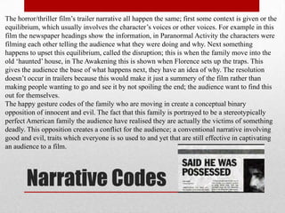 The horror/thriller film‟s trailer narrative all happen the same; first some context is given or the
equilibrium, which usually involves the character‟s voices or other voices. For example in this
film the newspaper headings show the information, in Paranormal Activity the characters were
filming each other telling the audience what they were doing and why. Next something
happens to upset this equilibrium, called the disruption; this is when the family move into the
old „haunted‟ house, in The Awakening this is shown when Florence sets up the traps. This
gives the audience the base of what happens next, they have an idea of why. The resolution
doesn‟t occur in trailers because this would make it just a summery of the film rather than
making people wanting to go and see it by not spoiling the end; the audience want to find this
out for themselves.
The happy gesture codes of the family who are moving in create a conceptual binary
opposition of innocent and evil. The fact that this family is portrayed to be a stereotypically
perfect American family the audience have realised they are actually the victims of something
deadly. This opposition creates a conflict for the audience; a conventional narrative involving
good and evil, traits which everyone is so used to and yet that are still effective in captivating
an audience to a film.




       Narrative Codes
 