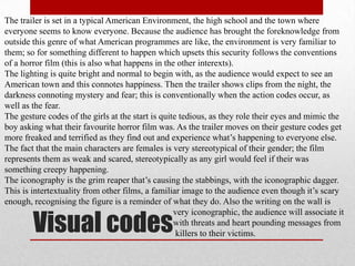The trailer is set in a typical American Environment, the high school and the town where
everyone seems to know everyone. Because the audience has brought the foreknowledge from
outside this genre of what American programmes are like, the environment is very familiar to
them; so for something different to happen which upsets this security follows the conventions
of a horror film (this is also what happens in the other interexts).
The lighting is quite bright and normal to begin with, as the audience would expect to see an
American town and this connotes happiness. Then the trailer shows clips from the night, the
darkness connoting mystery and fear; this is conventionally when the action codes occur, as
well as the fear.
The gesture codes of the girls at the start is quite tedious, as they role their eyes and mimic the
boy asking what their favourite horror film was. As the trailer moves on their gesture codes get
more freaked and terrified as they find out and experience what‟s happening to everyone else.
The fact that the main characters are females is very stereotypical of their gender; the film
represents them as weak and scared, stereotypically as any girl would feel if their was
something creepy happening.
The iconography is the grim reaper that‟s causing the stabbings, with the iconographic dagger.
This is intertextuality from other films, a familiar image to the audience even though it‟s scary
enough, recognising the figure is a reminder of what they do. Also the writing on the wall is


        Visual codes
                                                   very iconographic, the audience will associate it
                                                   with threats and heart pounding messages from
                                                    killers to their victims.
 