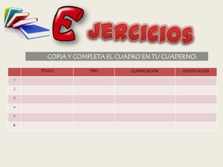 COPIA Y COMPLETA EL CUADRO EN TU CUADERNO:
TÍTULO TIPO CLASIFICACIÓN JUSTIFICACIÓN
1
2
3
4
5
6
 