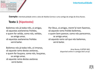 Intertextualidade
Bailemos nós já todas três, ai amigas,
sô aquestas avelaneiras frolidas,
e quem for velida, como nós, velidas,
se amigo amar,
sô aquestas avelaneiras frolidas
verrá bailar.
Bailemos nós já todas três, ai irmanas,
sô aqueste ramo destas avelanas,
e quem for louçana, como nós, louçanas,
se amigo amar,
sô aqueste ramo destas avelanas
verrá bailar.
Texto 1 (hipotexto)
Por Deus, ai amigas, mentr’al nom fazemos,
sô aqueste ramo frolido bailemos,
e quem bem parecer, como nós parecemos,
se amigo amar,
sô aqueste ramo sol que nós bailemos,
verrá bailar.
Airas Nunes, B 879/V 462,
disponível online in cantigas.fesh.unl.pt.
Exemplo: intertextualidade entre a obra de Natália Correia e uma cantiga de amigo de Airas Nunes.
 