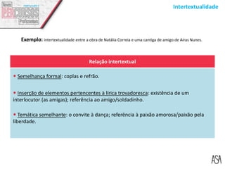 Intertextualidade
Relação intertextual
 Semelhança formal: coplas e refrão.
 Inserção de elementos pertencentes à lírica trovadoresca: existência de um
interlocutor (as amigas); referência ao amigo/soldadinho.
 Temática semelhante: o convite à dança; referência à paixão amorosa/paixão pela
liberdade.
Exemplo: intertextualidade entre a obra de Natália Correia e uma cantiga de amigo de Airas Nunes.
 