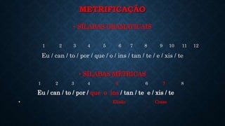 METRIFICAÇÃO
• SÍLABAS GRAMATICAIS
1 2 3 4 5 6 7 8 9 10 11 12
Eu / can / to / por / que / o / ins / tan / te / e / xis / te
• SÍLABAS MÉTRICAS
1 2 3 4 5 6 7 8
Eu / can / to / por / que o ins / tan / te e / xis / te
• Elisão Crase
 