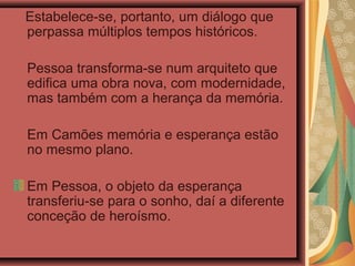 Estabelece-se, portanto, um diálogo que
perpassa múltiplos tempos históricos.
Pessoa transforma-se num arquiteto que
edifica uma obra nova, com modernidade,
mas também com a herança da memória.
Em Camões memória e esperança estão
no mesmo plano.
Em Pessoa, o objeto da esperança
transferiu-se para o sonho, daí a diferente
conceção de heroísmo.
 