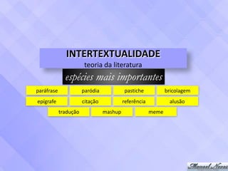 INTERTEXTUALIDADE	
teoria	da	literatura
espécies mais importantes
paráfrase paródia pastiche bricolagem
epígrafe citação referência alusão
tradução mashup meme
 