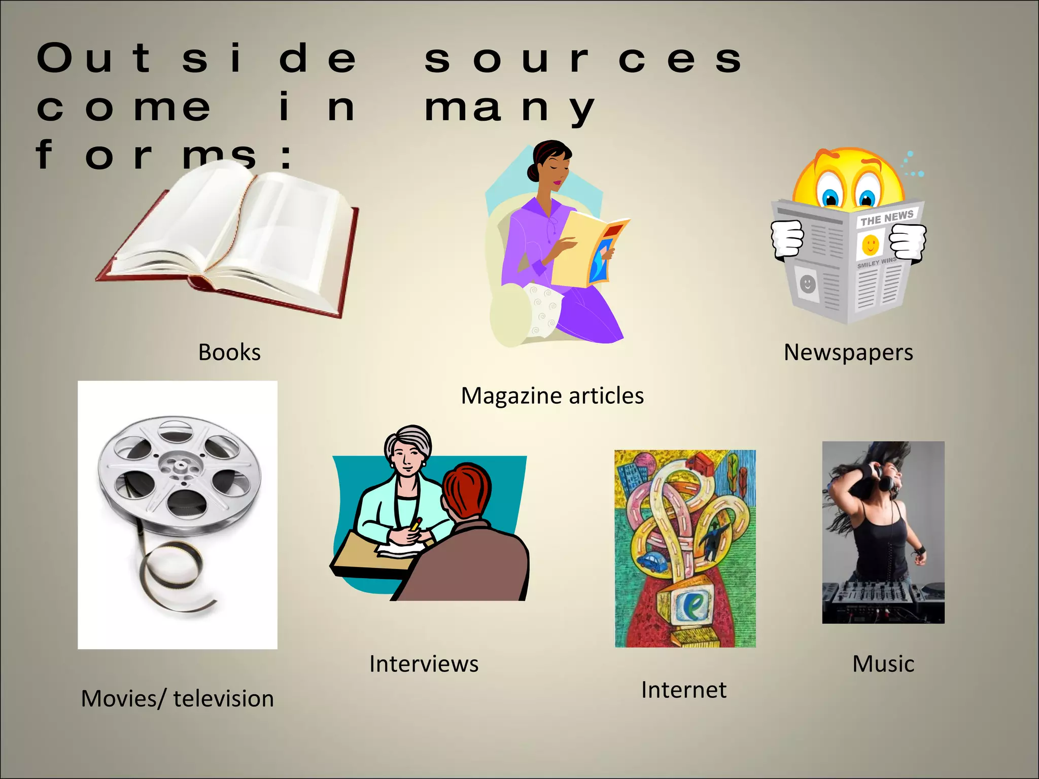 Outside sources come in many forms: Books Magazine articles Newspapers Movies/ television Interviews Internet Music 