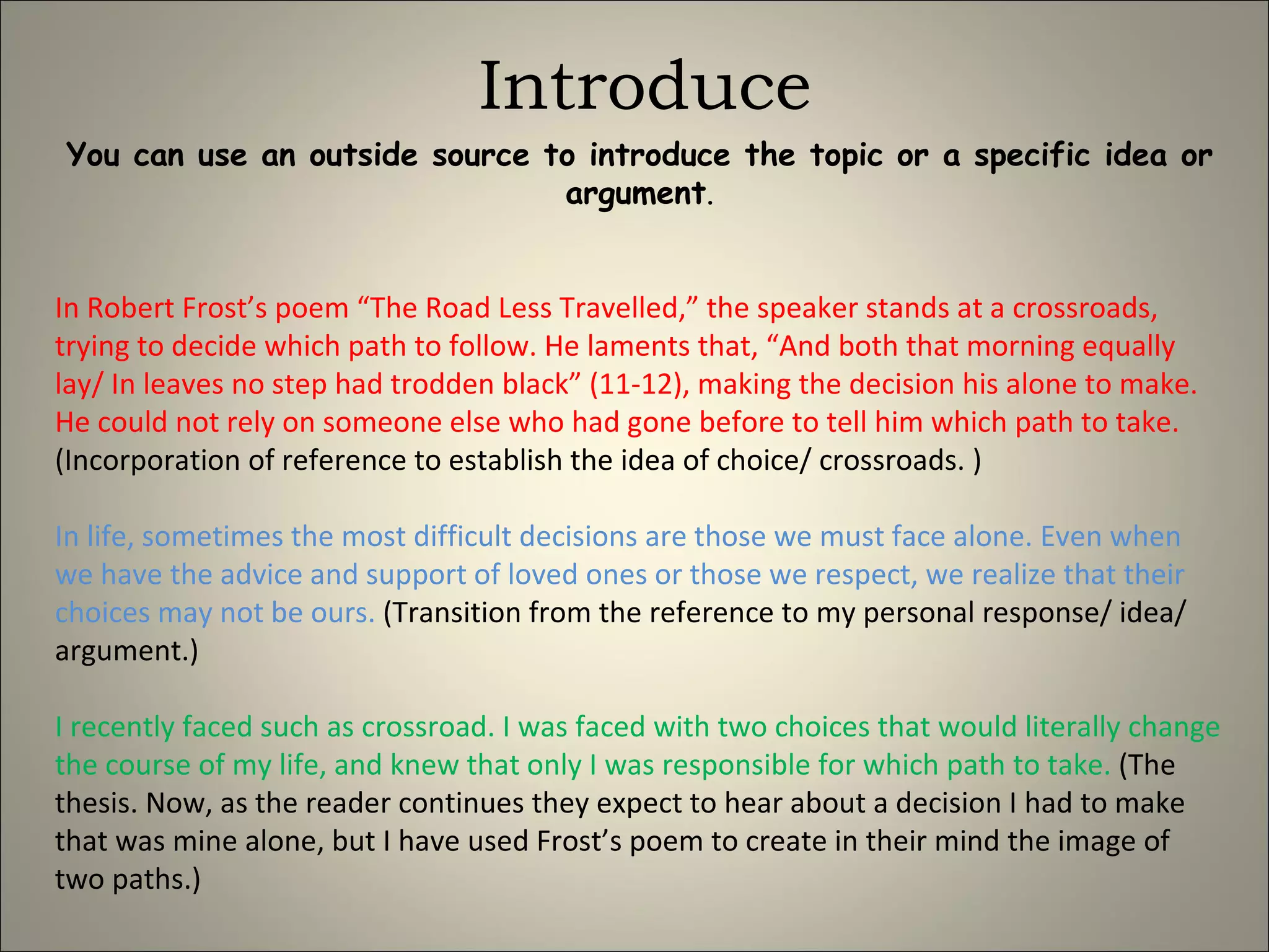 Introduce You can use an outside source to introduce the topic or a specific idea or argument . In Robert Frost’s poem “The Road Less Travelled,” the speaker stands at a crossroads, trying to decide which path to follow. He laments that, “And both that morning equally lay/ In leaves no step had trodden black” (11-12), making the decision his alone to make. He could not rely on someone else who had gone before to tell him which path to take.   (Incorporation of reference to establish the idea of choice/ crossroads. ) In life, sometimes the most difficult decisions are those we must face alone. Even when we have the advice and support of loved ones or those we respect, we realize that their choices may not be ours.  (Transition from the reference to my personal response/ idea/ argument.) I recently faced such as crossroad. I was faced with two choices that would literally change the course of my life, and knew that only I was responsible for which path to take.  (The thesis. Now, as the reader continues they expect to hear about a decision I had to make that was mine alone, but I have used Frost’s poem to create in their mind the image of two paths.) 