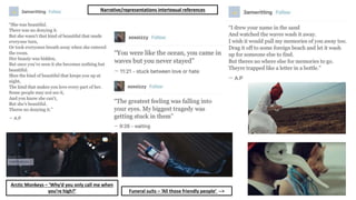 Arctic Monkeys – ‘Why’d you only call me when
you’re high?’ Funeral suits – ‘All those friendly people’ -->
Narrative/representations intertexual references
 