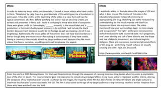 Effects
In order to make my music video look cinematic, I looked at music videos who have credits
in them. 'Telephone' by Lady Gaga is a good example of this which gave me a foundation to
work upon. It has the credits at the beginning of the video in a clear font and has the
typical conventions of a film. Before watching this video I had an idea how credits are
written and presented in films, but I found it confusing to know what kind of companies
there were given credit to. For example, '______ presents' is the record label and 'a _____
production' is the music studio/record producer. I do not think I will include the black
borders because it will decrease quality to my footage as well as cropping a lot of it out,
lengthways. Additionally, the music video of 'Telephone' does not have black borders so I
feel as though they are not necessary for making it look cinematic if they have credits.
Having a cinematic video would attract my target audience well because they like music
videos that have a narrative, so adding credits will emphasise this appeal.
Effects
I watched a video on Youtube about the stages of LSD and
what it does to you. The motive of the video is for
educational purposes instead of promoting or
appropriating the drug. Watching this video increased my
understanding on the visual impacts and how I can
incorporate them into my music video. The video
mentioned how your surroundings begin to move slowly
and ‘you just don’t feel right’, whilst your consciousness
shifts from bassline state to altered state. As it progresses,
one’s own identity and self of time distorts and the shape
and size of objects, movements and colours begin to
disfigure. There are many more mental and physical effects
of this drug so I am limiting myself to focus on visually
creating the ones I have just discussed.
https://www.youtube.com/watch?v=kIFlWe1oYlw
Enter the void is a 2009 Fantasy/drama film that was filmed entirely through the viewpoint of a young American drug dealer when he enters a psychedelic
tour of life after his death. This movie instantly gave me inspiration to include drug indulged effects in my music video to represent another theme, altering
the viewpoint of our male character’s world. As shown by the images, the majority of the film has been filmed or edited in vibrant and bright colours to
maximize the character’s consciousness to the full. The film is also suited to the age of my target audience so my video may receive a similar response from
those who have watched Enter the Void.
 