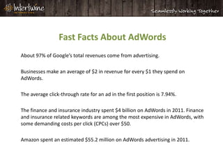 Fast Facts About AdWords
About 97% of Google’s total revenues come from advertising.

Businesses make an average of $2 in revenue for every $1 they spend on
AdWords.

The average click-through rate for an ad in the first position is 7.94%.

The finance and insurance industry spent $4 billion on AdWords in 2011. Finance
and insurance related keywords are among the most expensive in AdWords, with
some demanding costs per click (CPCs) over $50.

Amazon spent an estimated $55.2 million on AdWords advertising in 2011.
 