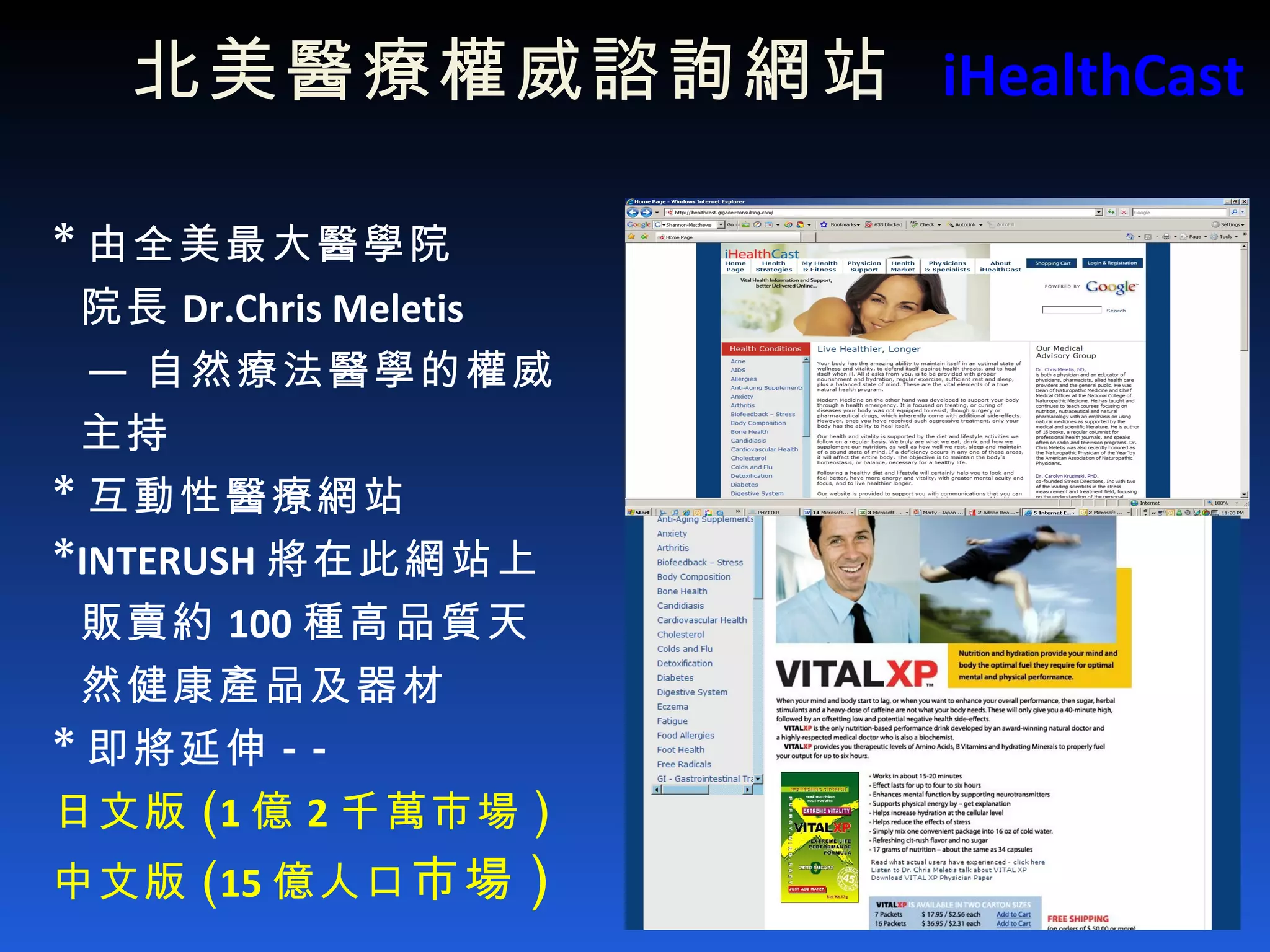 北美 醫療權威諮詢網站  iHealthCast * 由全美最大醫學院 院長 Dr.Chris Meletis — 自然療法醫學的權威 主持 * 互動性醫療網站 * INTERUSH 將在此網站上 販賣約 100 種高品質天 然健康產品及器材 * 即將延伸 --  日文版 ( 1 億 2 千萬市場 ) 中文版 ( 15 億人口 市場 ) 