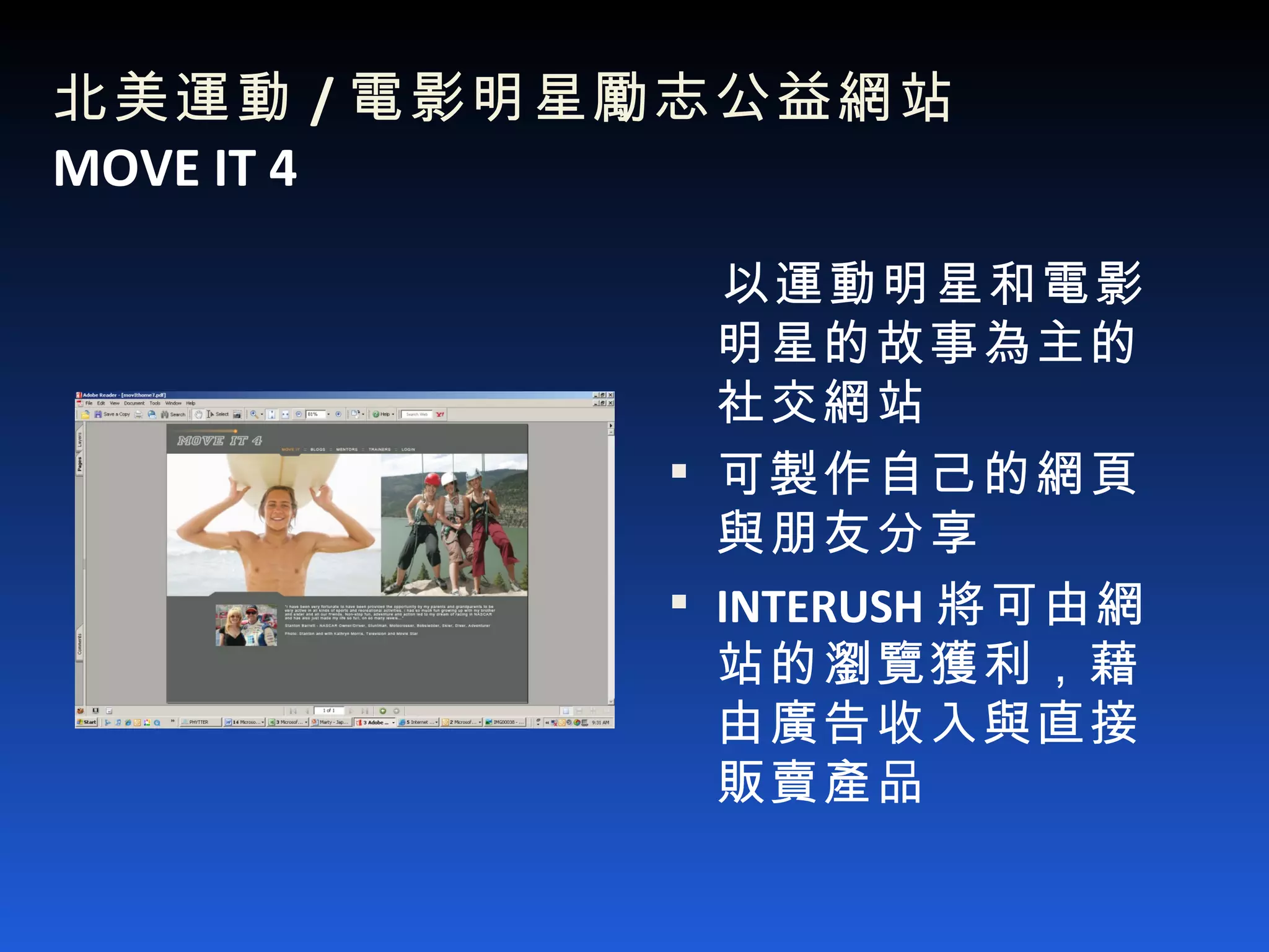 北美運動 / 電影明星勵志公益網站  MOVE IT 4 以運動明星和電影明星的故事為主的社交網站 可製作自己的網頁與朋友分享 INTERUSH 將可由網站的瀏覽獲利，藉由廣告收入與直接販賣產品 