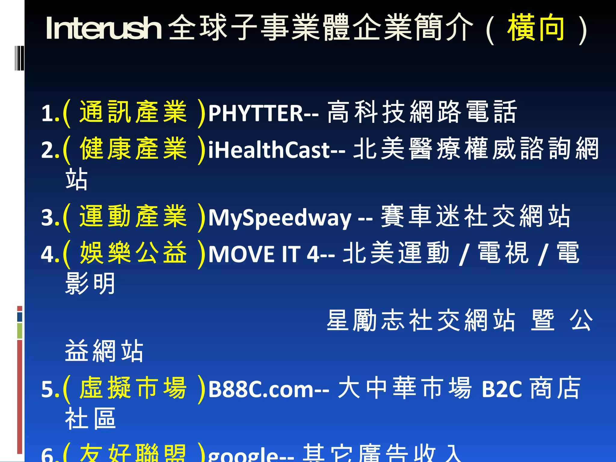 Interush 全球子事業體企業簡介（ 橫向 ） 1 . ( 通訊產業 ) PHYTTER-- 高科技網路電話 2 . ( 健康產業 ) iHealthCast-- 北美 醫療權威諮詢網站 3 . ( 運動產業 ) MySpeedway -- 賽車迷社交網站 4 . ( 娛樂公益 ) MOVE IT 4-- 北美運動 / 電視 / 電影明 星勵志社交網站 暨 公益網站 5 . ( 虛擬市場 ) B88C.com-- 大中華市場 B2C 商店社區 6 . ( 友好聯盟 ) google-- 其它廣告收入 