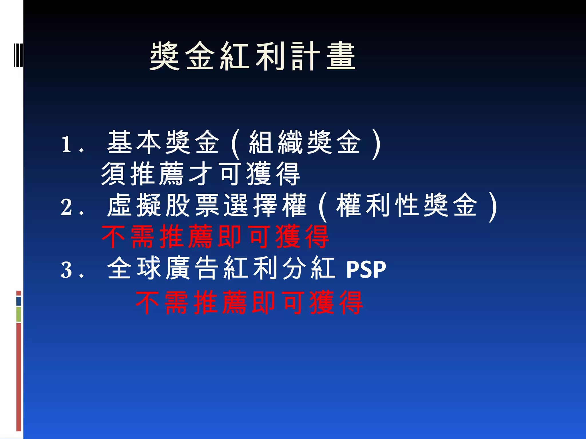 獎金紅利計畫 1.  基本獎金 ( 組織獎金 ) 須推薦才可獲得 2.  虛擬股票選擇權 ( 權利性獎金 ) 不需推薦即可獲得 3.  全球廣告紅利分紅 PSP 不需推薦即可獲得 