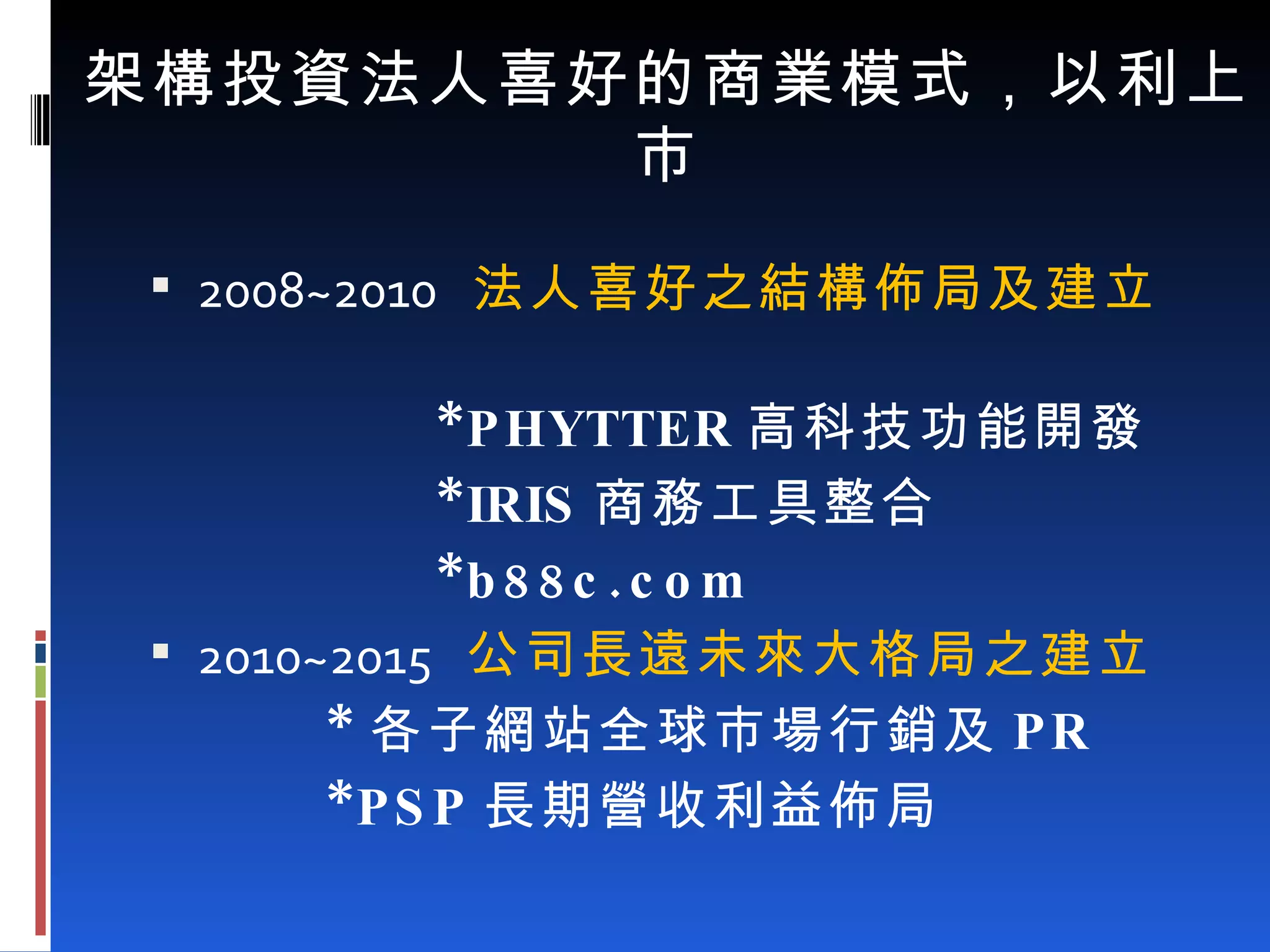 架構投資法人喜好的商業模式，以利上市 2008~2010  法人喜好之結構佈局及建立  *PHYTTER 高科技功能開發 *IRIS 商務工具整合 *b88c.com 2010~2015  公司長遠未來大格局之建立 * 各子網站全球市場行銷及 PR *PSP 長期營收利益佈局 