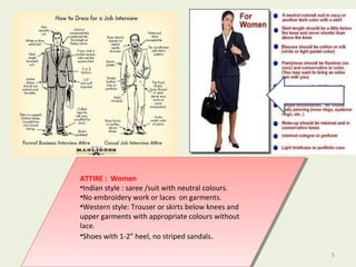 pnrao 5
ATTIRE : Women
•Indian style : saree /suit with neutral colours.
•No embroidery work or laces on garments.
•Western style: Trouser or skirts below knees and
upper garments with appropriate colours without
lace.
•Shoes with 1-2” heel, no striped sandals.
ATTIRE : Women
•Indian style : saree /suit with neutral colours.
•No embroidery work or laces on garments.
•Western style: Trouser or skirts below knees and
upper garments with appropriate colours without
lace.
•Shoes with 1-2” heel, no striped sandals.
 