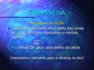 GABAPENTINA
Mecanismo de acção
 Ligação à subunidade alfa-2-delta dos canais
de cálcio no córtex, hipocampo e medula
espinal
< o influxo de cálcio para dentro da célula
(mecanismo relevante para a eficácia na dor)
 