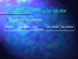 Escala de avaliação da dor
 Escala verbal simples
Sem dor Dor ligeira Dor
moderada
Dor intensa Dor máxima
 