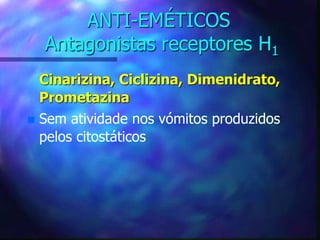 ANTI-EMÉTICOS
Antagonistas receptores H1
Cinarizina, Ciclizina, Dimenidrato,
Prometazina
 Sem atividade nos vómitos produzidos
pelos citostáticos
 