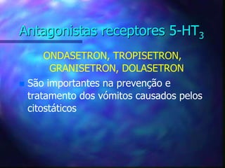 Antagonistas receptores 5-HT3
ONDASETRON, TROPISETRON,
GRANISETRON, DOLASETRON
 São importantes na prevenção e
tratamento dos vómitos causados pelos
citostáticos
 