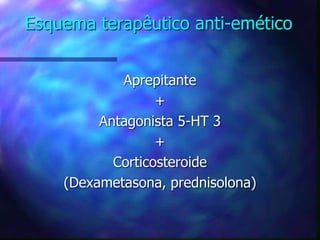 Esquema terapêutico anti-emético
Aprepitante
+
Antagonista 5-HT 3
+
Corticosteroide
(Dexametasona, prednisolona)
 