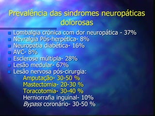 Prevalência das sindromes neuropáticas
dolorosas
 Lombalgia crónica com dor neuropática - 37%
 Nevralgia Pós-herpética- 8%
 Neuropatia diabética- 16%
 AVC- 8%
 Esclerose múltipla- 28%
 Lesão medular- 67%
 Lesão nervosa pós-cirurgia:
Amputação- 30-50 %
Mastectomia- 20-30 %
Toracotomia- 30-40 %
Herniorrafia inguinal- 10%
Bypass coronário- 30-50 %
 