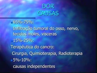 DOR
CAUSAS
 65%-75%:
Infiltração tumoral do osso, nervo,
tecidos moles, vísceras
 15%-25%:
Terapêutica do cancro:
Cirurgia, Quimioterapia, Radioterapia
 5%-10%:
causas independentes
 