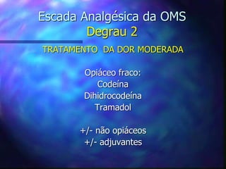 Escada Analgésica da OMS
Degrau 2
TRATAMENTO DA DOR MODERADA
Opiáceo fraco:
Codeína
Dihidrocodeína
Tramadol
+/- não opiáceos
+/- adjuvantes
 