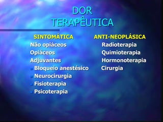 DOR
TERAPÊUTICA
SINTOMÁTICA ANTI-NEOPLÁSICA
Não opiáceos Radioterapia
Opiáceos Quimioterapia
Adjuvantes Hormonoterapia
 Bloqueio anestésico Cirurgia
 Neurocirurgia
 Fisioterapia
 Psicoterapia
 