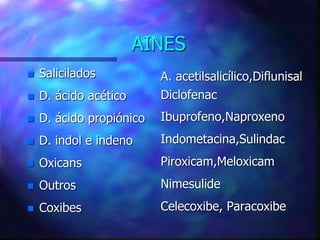 AINES
 Salicilados
 D. ácido acético
 D. ácido propiónico
 D. indol e indeno
 Oxicans
 Outros
 Coxibes
A. acetilsalicílico,Diflunisal
Diclofenac
Ibuprofeno,Naproxeno
Indometacina,Sulindac
Piroxicam,Meloxicam
Nimesulide
Celecoxibe, Paracoxibe
 