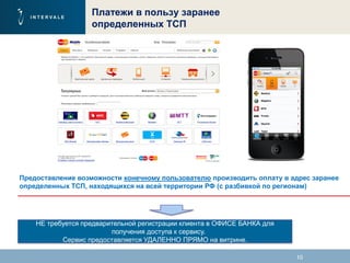 10
Платежи в пользу заранее
определенных ТСП
Предоставление возможности конечному пользователю производить оплату в адрес заранее
определенных ТСП, находящихся на всей территории РФ (с разбивкой по регионам)
НЕ требуется предварительной регистрации клиента в ОФИСЕ БАНКА для
получения доступа к сервису.
Сервис предоставляется УДАЛЕННО ПРЯМО на витрине.
 
