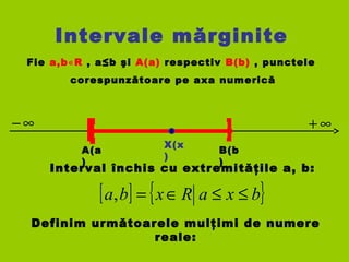 Intervale mărginite
Fie a,b R∊ , a≤b şi A(a) respectiv B(b) , punctele
corespunzătoare pe axa numerică
A(a
)
∞− ∞+
B(b
)
Definim următoarele mulţimi de numere
reale:
Interval închis cu extremităţile a, b:
[ ] { }bxaRxba ≤≤∈=,
X(x
)
 