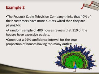 Example 1WE School conducted a class survey to check if they were confident about their Statistics presentations.  The survey was conducted on 200 students and it found that 80 students were confident about their Statistics presentations.Thus the point estimate of the proportion of the population of students who were confident about their presentation is 80/200 = 0.4Using 95% confidence interval, we have