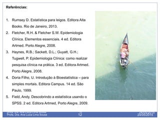 24/05/2015Profa. Dra. Ana Luiza Lima Sousa 12
24/05/2015profa. dra. Ana Luiza Lima Sousa 12
Referências:
1. Rumsey D. Estatística para leigos. Editora Alta
Books. Rio de Janeiro, 2013.
2. Fletcher, R.H. & Fletcher S.W. Epidemiologia
Clínica. Elementos essenciais. 4 ed. Editora
Artmed. Porto Alegre, 2008.
3. Haynes, R.B.; Sackett, D.L.; Guyatt, G.H.;
Tugwell, P. Epidemiologia Clínica: como realizar
pesquisa clínica na prática. 3 ed. Editora Artmed.
Porto Alegre, 2008.
4. Doria Filho, U. Introdução à Bioestatística – para
simples mortais. Editora Campus. 14 ed. São
Paulo, 1999.
5. Field, Andy. Descobrindo a estatística usando o
SPSS. 2 ed. Editora Artmed, Porto Alegre, 2009.
 