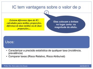 IC tem vantagens sobre o valor de p
Eles colocam a ênfase
no lugar certo: na
magnitude do efeito.
24/05/2015Profa. Dra. Ana Luiza Lima Sousa
6
Usos:
• Caracterizar a precisão estatística de qualquer taxa (incidência,
prevalência)
• Comparar taxas (Risco Relativo, Risco Atribuível)
Existem diferentes tipos de IC:
calculados para médias, proporções,
diferença de duas médias ou de duas
proporções....
 