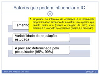 Fatores que podem influenciar o IC:
24/05/2015Profa. Dra. Ana Luiza Lima Sousa
8
Tamanho da amostra
Variabilidade da população
estudada
A precisão determinada pelo
pesquisador (95%, 99%)
A amplitude do intervalo de confiança é inversamente
proporcional ao tamanho da amostra. Isto significa que
quanto maior o n (menor a margem de erro), mais
estreito é o intervalo de confiança (maior é a precisão).
 