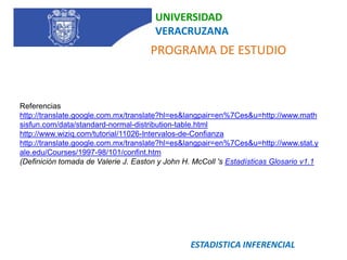 UNIVERSIDAD VERACRUZANA   PROGRAMA DE ESTUDIOReferenciashttp://translate.google.com.mx/translate?hl=es&langpair=en%7Ces&u=http://www.mathsisfun.com/data/standard-normal-distribution-table.htmlhttp://www.wiziq.com/tutorial/11026-Intervalos-de-Confianzahttp://translate.google.com.mx/translate?hl=es&langpair=en%7Ces&u=http://www.stat.yale.edu/Courses/1997-98/101/confint.htm(Definición tomada de Valerie J. Easton y John H. McColl 's Estadísticas Glosario v1.1ESTADISTICA INFERENCIAL