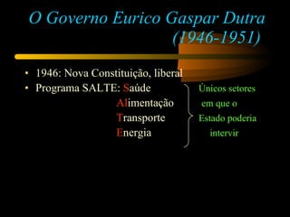 O Governo Eurico Gaspar Dutra (1946-1951)   1946: Nova Constituição, liberal Programa SALTE:  S aúde Únicos setores   Al imentação   em que o   T ransporte Estado poderia   E nergia   intervir 