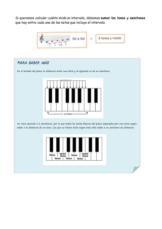 Si queremos calcular cuánto mide un intervalo, debemos sumar los tonos y semitonos
que hay entre cada una de las notas que...