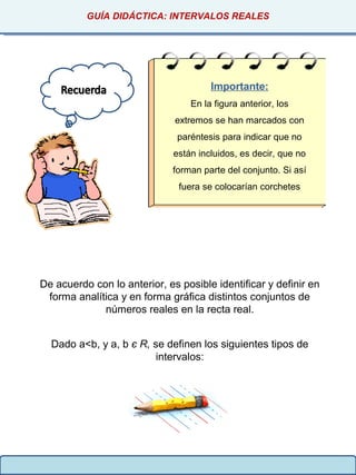 GUÍA DIDÁCTICA: INTERVALOS REALES
Importante:
En la figura anterior, los
extremos se han marcados con
paréntesis para indicar que no
están incluidos, es decir, que no
forman parte del conjunto. Si así
fuera se colocarían corchetes
De acuerdo con lo anterior, es posible identificar y definir en
forma analítica y en forma gráfica distintos conjuntos de
números reales en la recta real.
Dado a<b, y a, b є R, se definen los siguientes tipos de
intervalos:
 