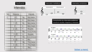 Intervalos melódicos Intervalos armónicosClasificación
Conociendo los intervalos podemos
construir escalas mayores y menores
Volver a menú
 