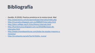 - Gauldin, R (2010). Practica armónica en la música tonal. Akal
- http://www.teoria.com/es/aprendizaje/intervalos/index.php
- http://musicalico.blogspot.com.co/2009/07/intervalos.html
- http://docs.solfege.org/3.21/es/theory-intervals.html
- http://fuentemusica.blogspot.com.co/2010/06/clases-de-
intervalos.html
- http://www.creandopartituras.com/todas-las-escalas-mayores-y-
menores/
- https://es.wikipedia.org/wiki/Teor%C3%ADa_musical
 