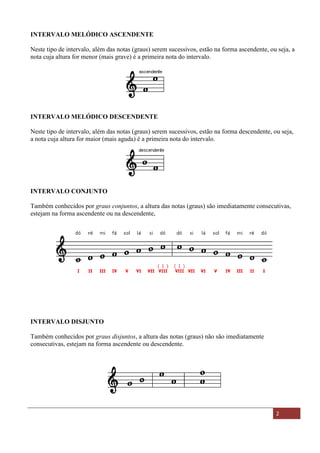 Material Distribuído nas Aulas de música no Espírito Santo - ES 2
INTERVALO MELÓDICO ASCENDENTE
Neste tipo de intervalo, além das notas (graus) serem sucessivos, estão na forma ascendente, ou seja, a
nota cuja altura for menor (mais grave) é a primeira nota do intervalo.
INTERVALO MELÓDICO DESCENDENTE
Neste tipo de intervalo, além das notas (graus) serem sucessivos, estão na forma descendente, ou seja,
a nota cuja altura for maior (mais aguda) é a primeira nota do intervalo.
INTERVALO CONJUNTO
Também conhecidos por graus conjuntos, a altura das notas (graus) são imediatamente consecutivas,
estejam na forma ascendente ou na descendente,
INTERVALO DISJUNTO
Também conhecidos por graus disjuntos, a altura das notas (graus) não são imediatamente
consecutivas, estejam na forma ascendente ou descendente.
 
