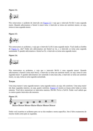 Material Distribuído nas Aulas de música no Espírito Santo - ES 7
Figura 3.2.
Nós removemos o acidente do intervalo em Figura 3.2 e veja que o intervalo Fá-Sol é uma segunda
maior. Quando adicionamos o bemol à maior nota, o intervalo se torna um semitom menor, ou seja,
torna-se uma segunda menor.
Figura 3.3.
Nós removemos os acidentes, e veja que o intervalo Lá-Si é uma segunda maior. Você ainda se lembra
de Figura 3.1, não? Então nós adicionamos um bemol ao Lá, e o intervalo se torna uma segunda
aumentada. E quando adicionamos o bemol ao Si, o intervalo se torna uma segunda maior.
Figura 3.4.
Nós removemos os acidentes, e veja que o intervalo Mi-Fá é uma segunda menor. Quando
adicionamos o bemol à nota mais baixa, o intervalo se torna um semitom maior, ou seja, torna-se uma
segunda maior. E quando adicionamos um sustenido à nota mais alta, o intervalo se torna um semitom
maior, ou seja, torna-se uma segunda aumentada.
Terças
Uma terça menor é uma segunda menor e uma segunda maior, ou seja, três semitons. Uma terça maior
são duas segundas maiores, ou seja, quatro semitons. Figura 3.5 mostra as terças entre todas as notas
naturais. Você deve memorizar os intervalos maiores, Dó-Mi, Fá-Lá e Sol-Si. Então você saberá que
os outros quatro intervalos são menores.
Figura 3.5.
Então você examina os acidentes para ver se eles mudam o nome específico. Isto é feito exatamente do
mesmo modo como para as segundas.
 